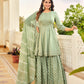 Attractive Green Color Heavy Chinon Silk Sharara Suits With Embroidery Sequins Work And Dupatta