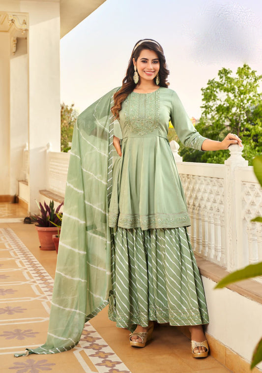 Attractive Green Color Heavy Chinon Silk Sharara Suits With Embroidery Sequins Work And Dupatta