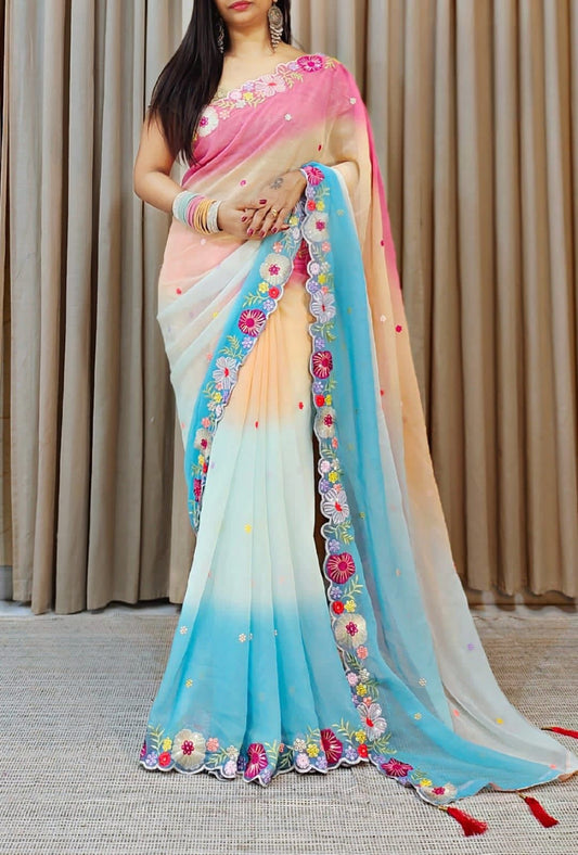 Stunning Multicolor Sequins And Embroidery Work Georgette Saree For Women