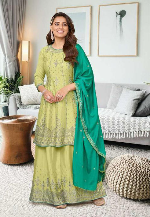 Gorgeous Chinon Embroidery Work Palazzo Suits With Dupatta Green Colored For Women