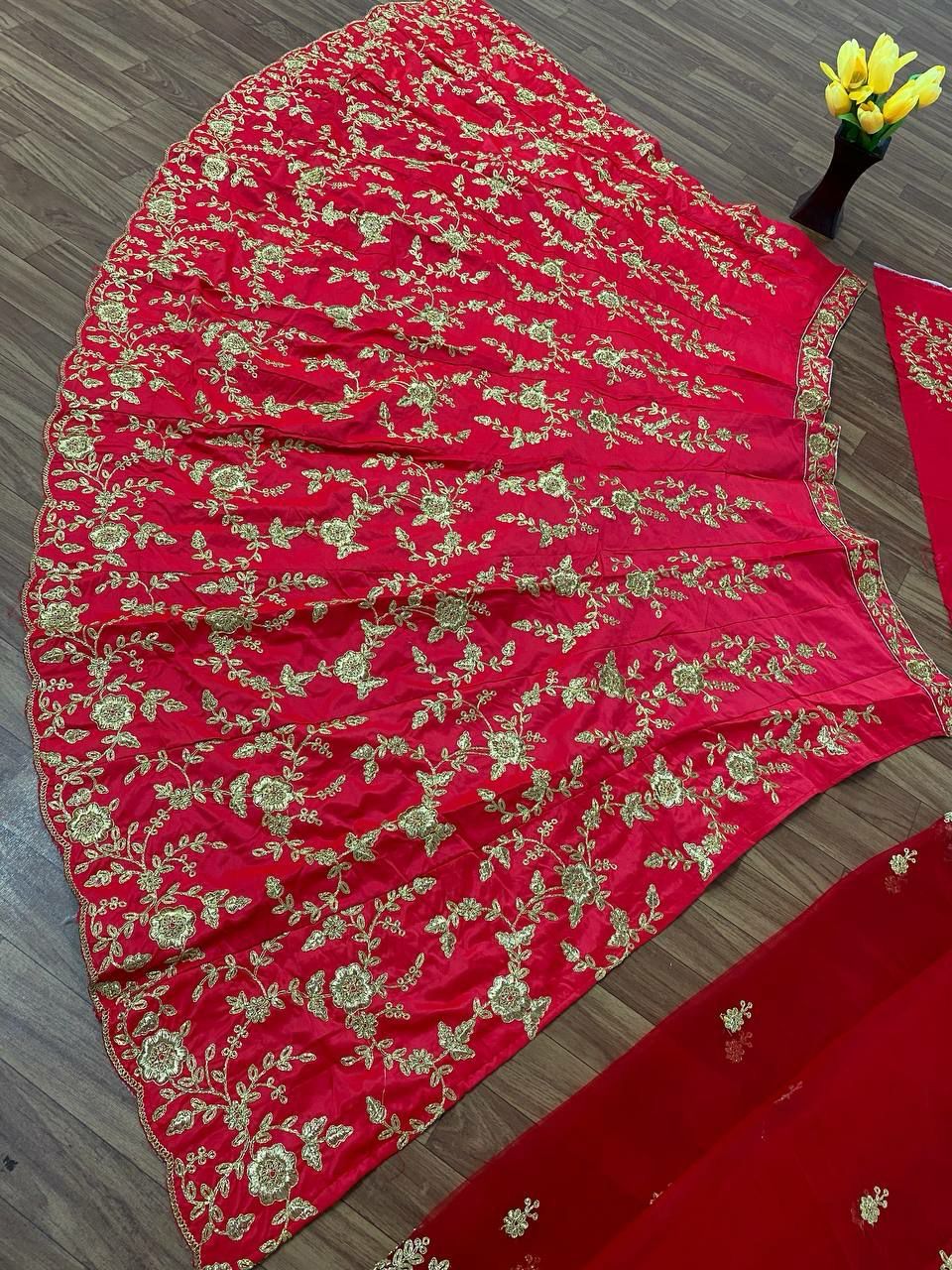 Attractive Red Color Designer Embroidered Satin Silk Lehenga Choli For Women In Yuma