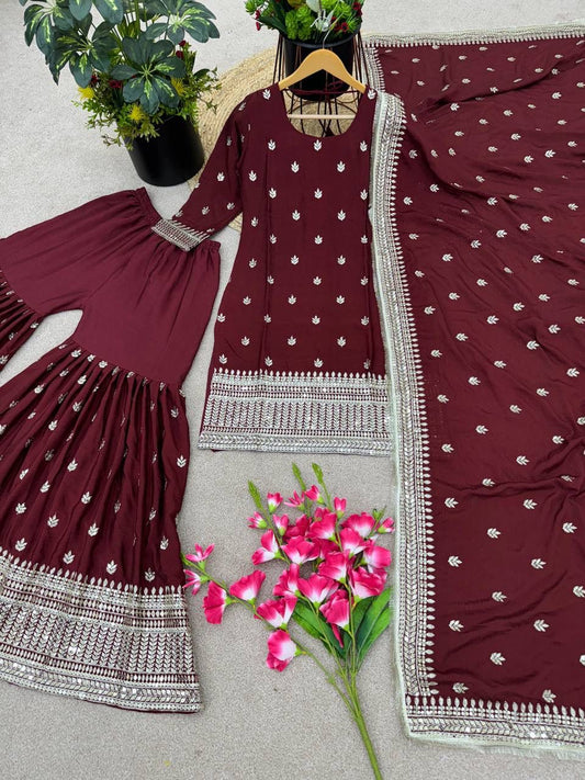 Charming Maroon Colored Pure Chinon With Heavy Embroidery Sequins Work Sharara Suits With Dupatta