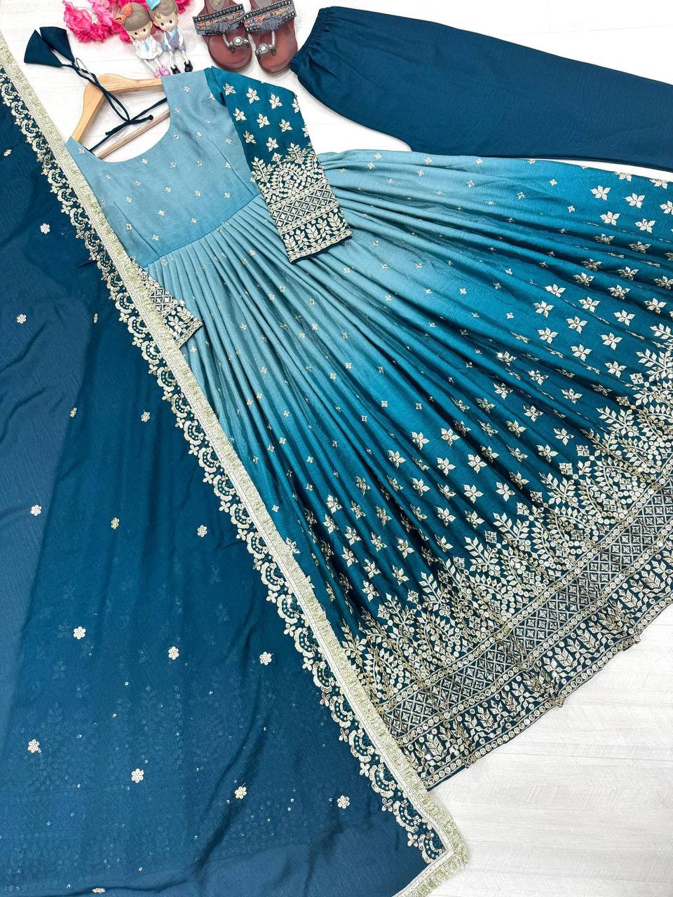 Blue Heavy Pure Chinon Silk Kurti Suit With Embroidery Work In USA