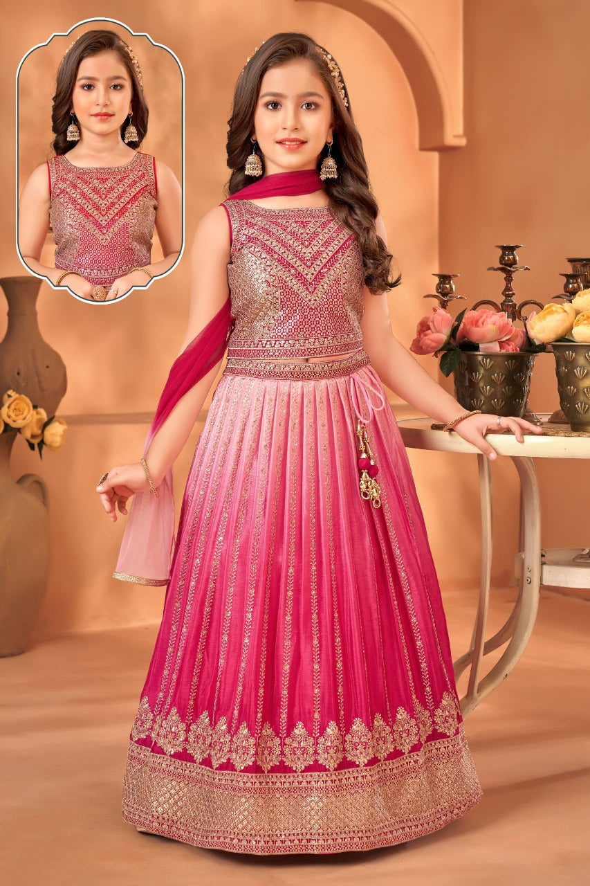 Gorgeous Rani Pink Colored Embroidery And Sequins Work Choli Sets For Girls