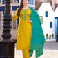 Attractive Yellow Color Designer Rayon Kurti Suits With Pant And Fancy Printed Dupatta
