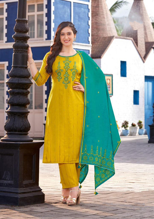 Attractive Yellow Color Designer Rayon Kurti Suits With Pant And Fancy Printed Dupatta