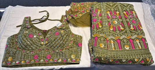 Stunning Olive Green Color Net With Embroidery And Mirror Work Lehenga For Women