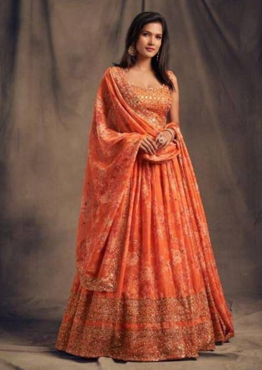 Elegant Orange Color Rose Printed Design and Golden Zari and Sequins Embroidered Lehengas With Dupatta Set