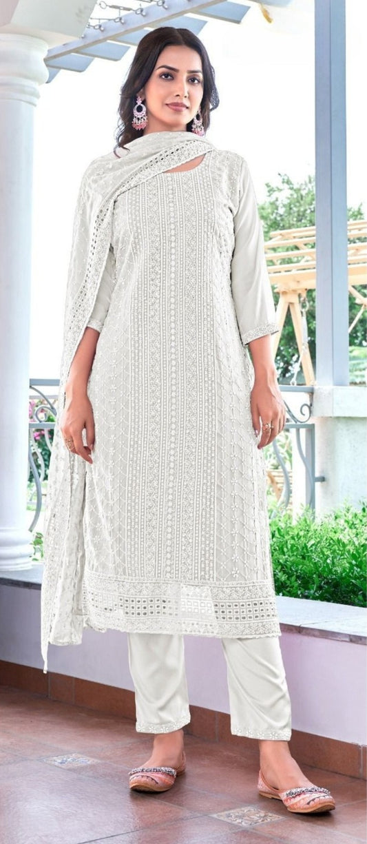 Attractive White Color Chiffon With Embroidery Salwar Suits With Dupatta