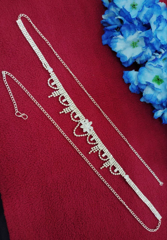 Elegant Silver Color American Diamond Stone Hip Chain For Women