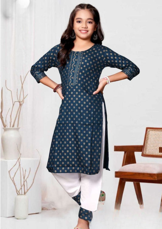 Appealing Teal blue Colored Rayon Drawstring Kurti Suits For Girls