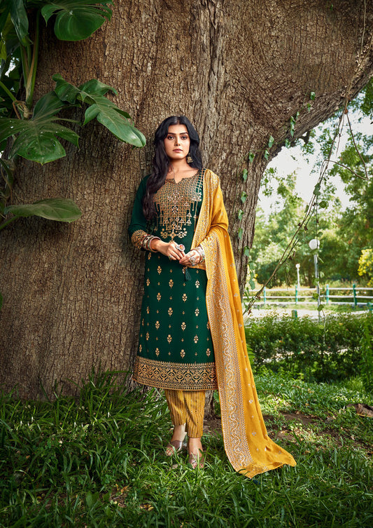 Gorgeous Green Color Rayon Foil Prints Embroidery With Designer Kurti Pant & Dupatta