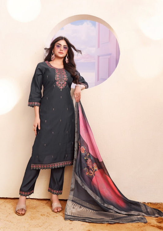 Stunning Gray Color Roman With Heavy Embroidery Work Kurti Suit For Women