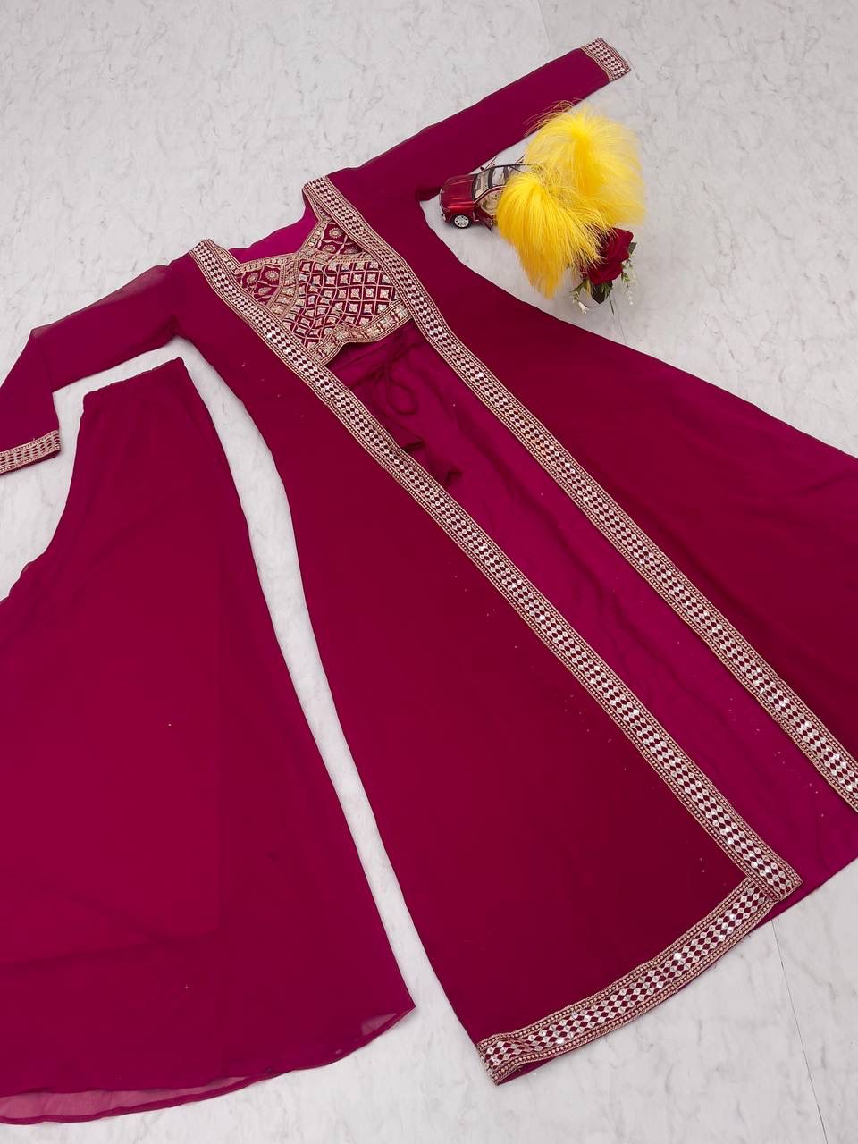  Maroon Color Embroidery Lace Kurti With Palazzo Suits  For Women In USA