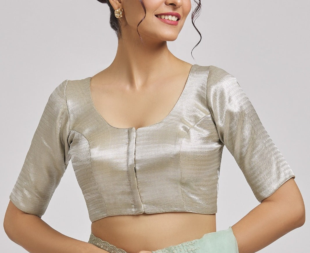 Appealing Cream Colored Elbow Sleeves Round Neck Readymade Blouse For Women