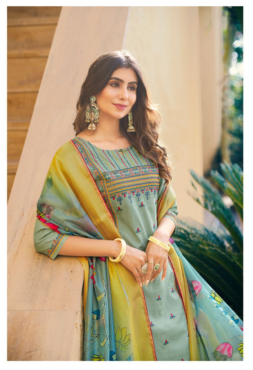 Alluring Pista Green Designer Salwar Suits And Fancy Dupatta With Thread Work Near Me