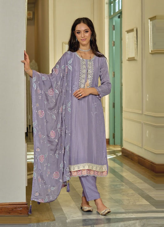 Fabulous Lavendar Colored Embroidery Salwar Suits With Dupatta For Women