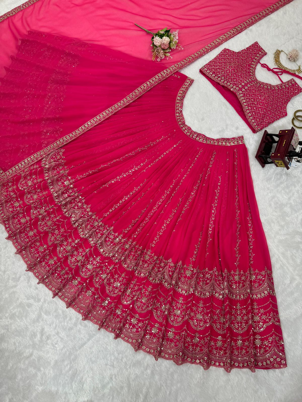 Beautiful Orange Color Sequins With Thread Work Lehengas With Dupatta Set