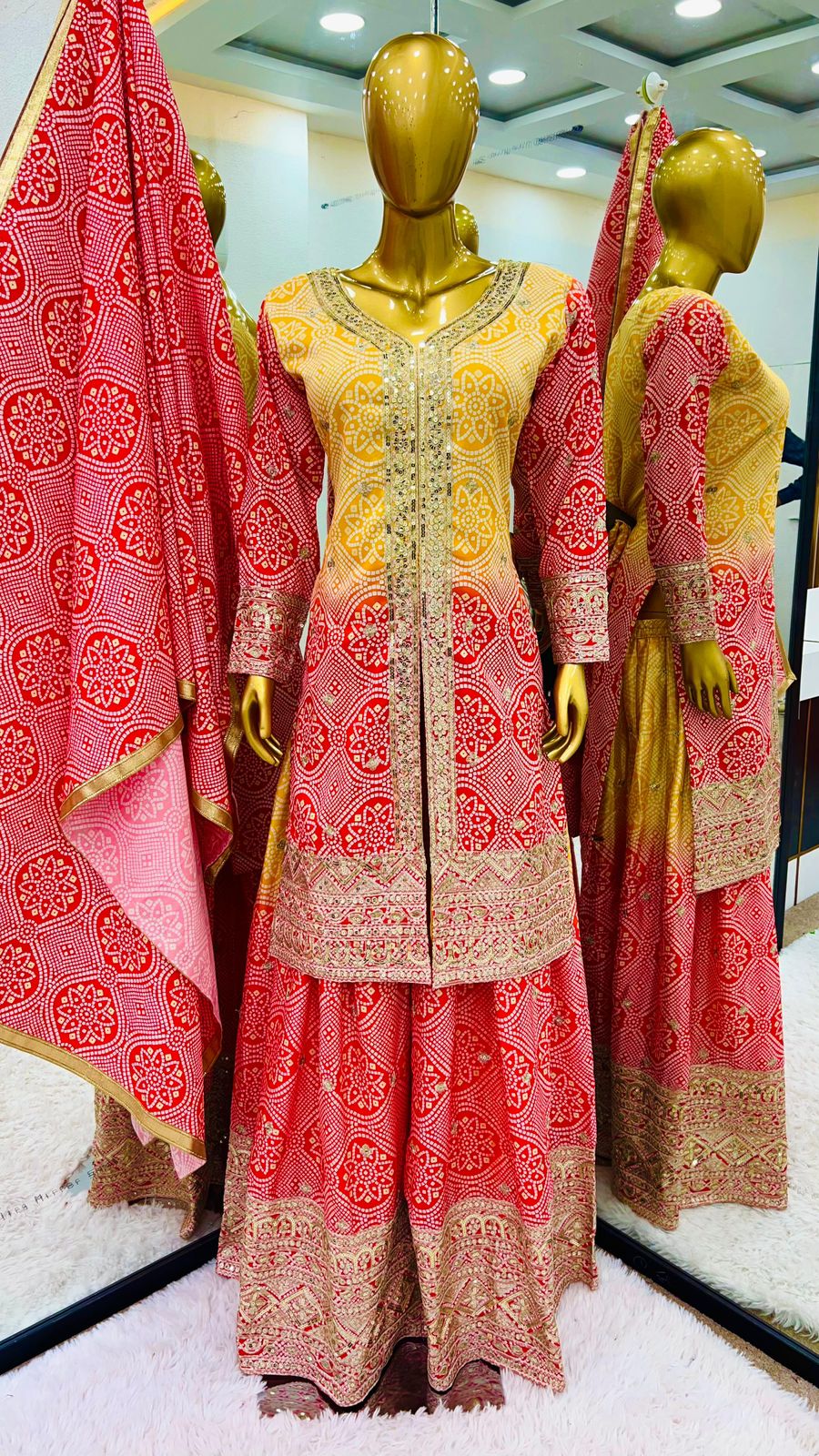 Alluring Heavy Chinon Silk Embroidery Work Pink And Yellow Color Sharara Suits In Suncity