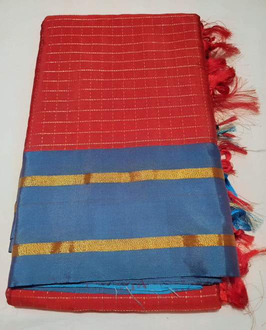 Elite Red  Color Pure Kanchi Silk With Beautiful Sky Blue Color Motifs Border And Gold Zari Work Saree For Women