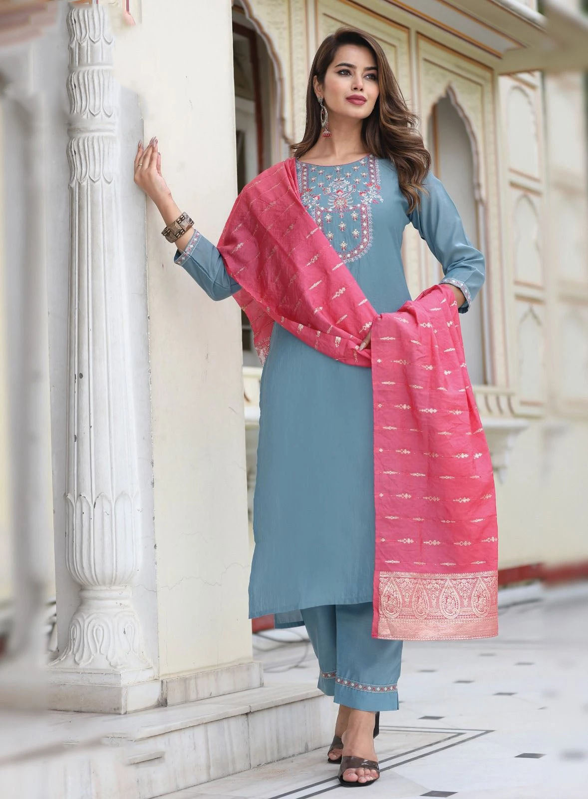 Dazzling Sky Blue Color Maslin Embroidery Work Kurti With Dupatta