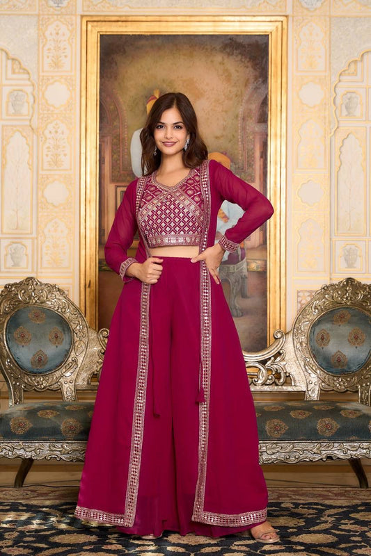 Attractive Rani Pink Color Heavy Georgette Embroidery Work Indo Western Kurti With Palazzo Suits