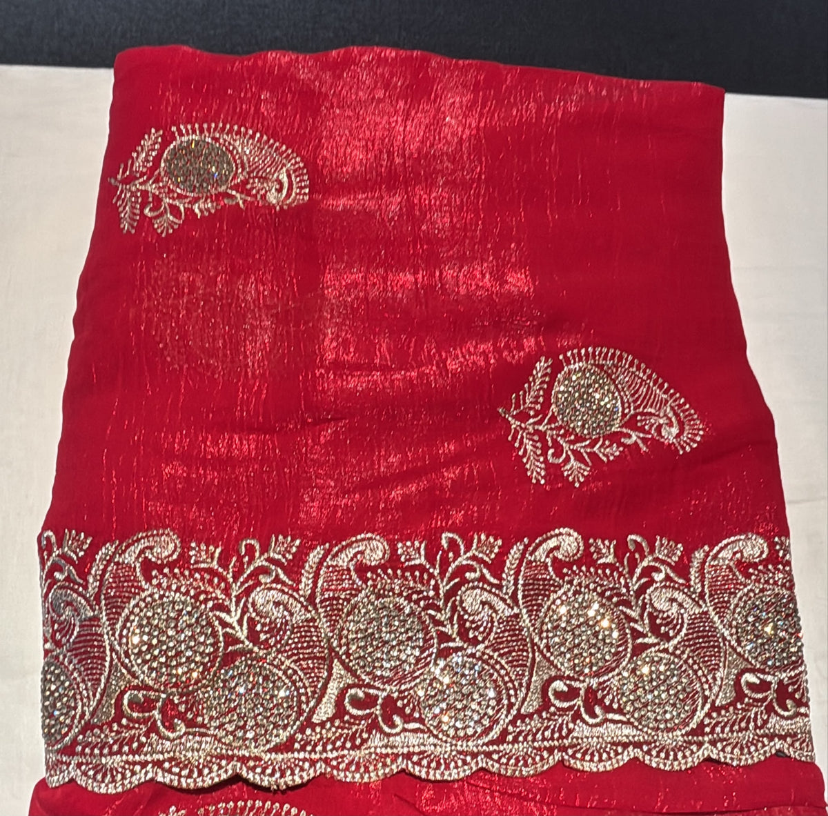 Attractive Red Color Space Silk With Embroidery Work Saree For Women
