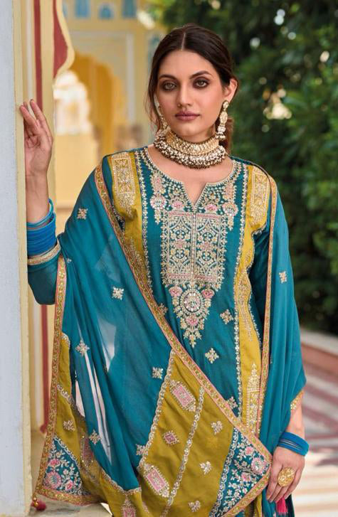 Attractive Teal Blue Colored Premium Silk Salwar Suits Near Me