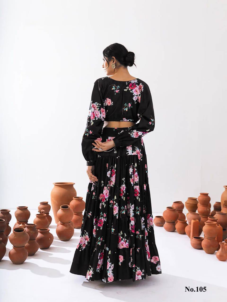 Appealing Black Color Floral Printed Tier Lehenga With Crop Top