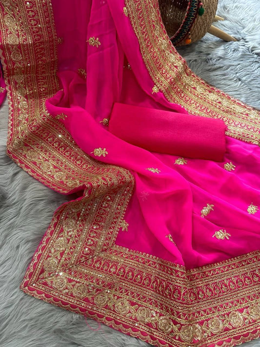 Attractive Pink Color Party Wear Embroiderd Georgette Saree For Women