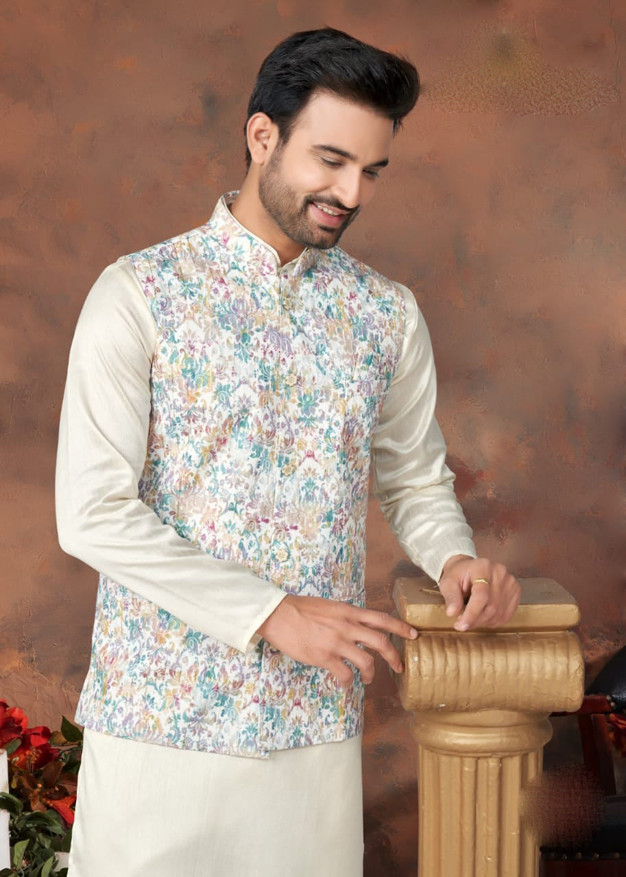 Alluring Multicolor Designer Silk Mastani Kurta Pajama Set With Digital Print Jackets For Men Near Me