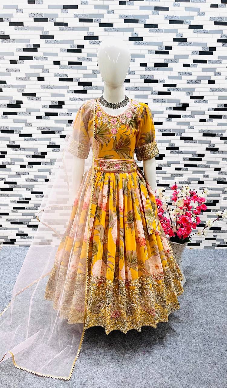 Attractive Yellow Colored Heavy Fox Georgette Embroidered Sequins Work Gown For Girls