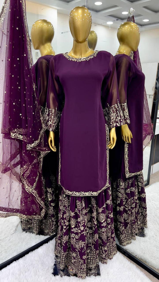 Purple Color Heavy Faux Georgette Sharara With  Embroidery Work