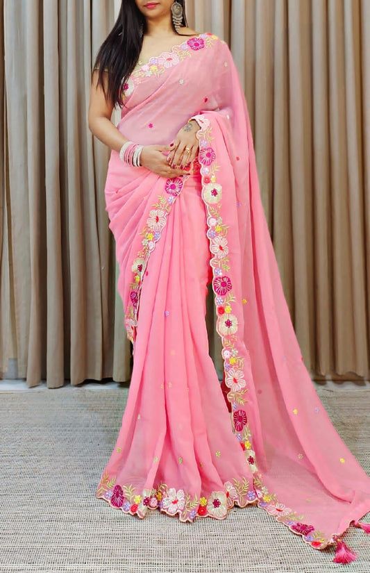 Alluring Pink Color Faux Georgette Designer Embroidery Sequins Saree For Women