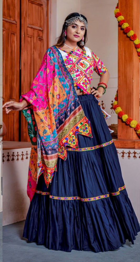 Delightful Blue Colored Rayon Ready Mirror Lace Work Chaniya Lehenga Choli With Dupatta Sets