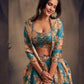 Beautiful Teal Blue Color Rose Printed Design and Golden Zari and Sequins Embroidered Lehengas With Dupatta Set