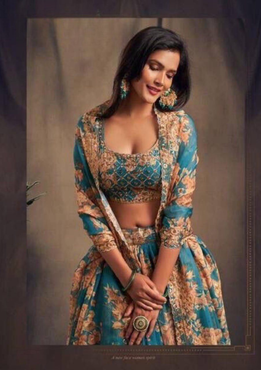 Beautiful Teal Blue Color Rose Printed Design and Golden Zari and Sequins Embroidered Lehengas With Dupatta Set