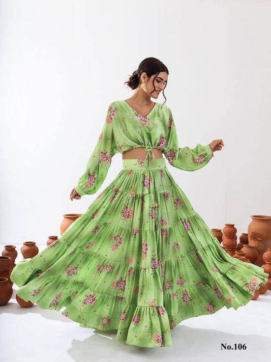 Dazzling Green Color Floral Printed Tier Lehenga With Crop Top