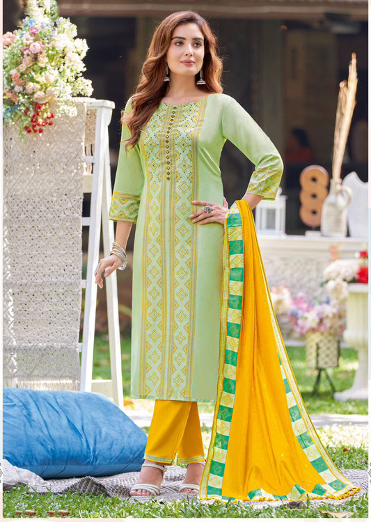 Attractive Pista Green Colored Embroidery Hand Work Rayon Kurti With Dupatta Sets For Women