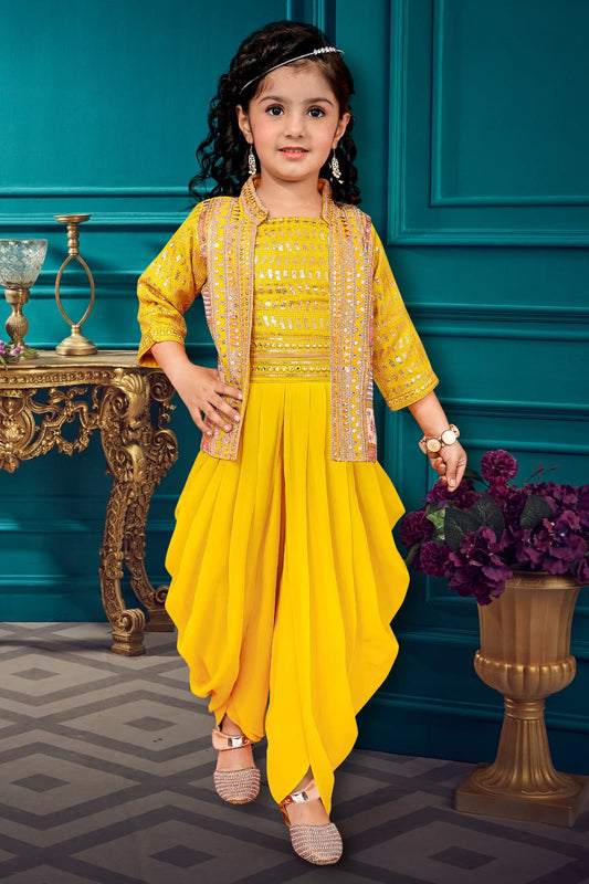 Elegant Yellow Color Silk Embroidered Dhoti Model Kurti Suits For Girls