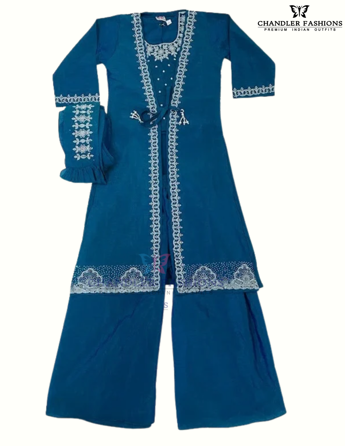 Stunning Teal Blue Color Satin Silk Palazzo Suits With Embroidery And Sequins Work For Kids Girls