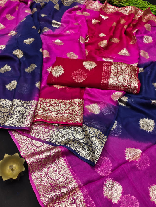 Magnificent Multicolor Pure Georgette Saree With Zari Weaving Butta Motifs And Heavy Border