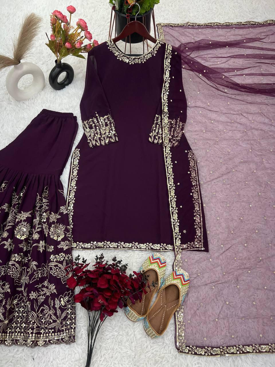 Purple Color Heavy Faux Georgette Sharara With Embroidery work In Near Me