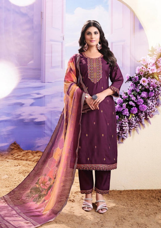 Beautiful Wine Color Roman With Heavy Embroidery Work Kurti Suit For Women