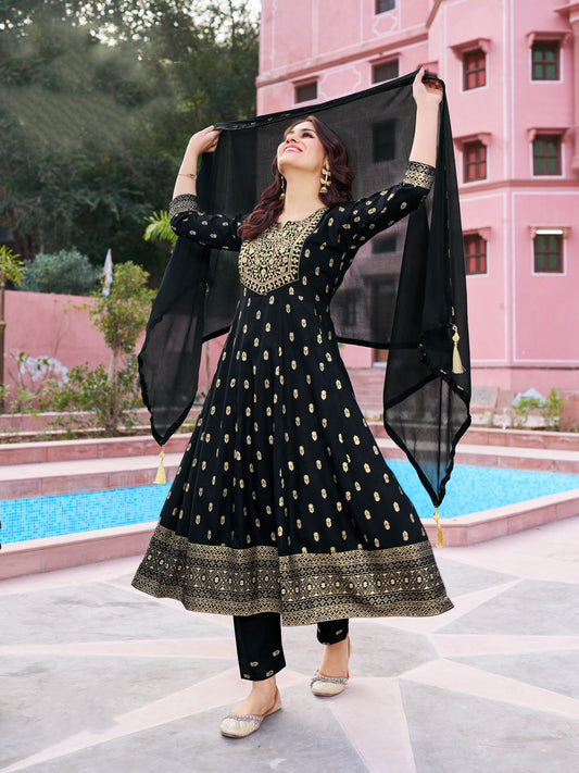 Dazzling Black Colored Rayon Foil Printed With Zari And Sequins Work Salwar Suits