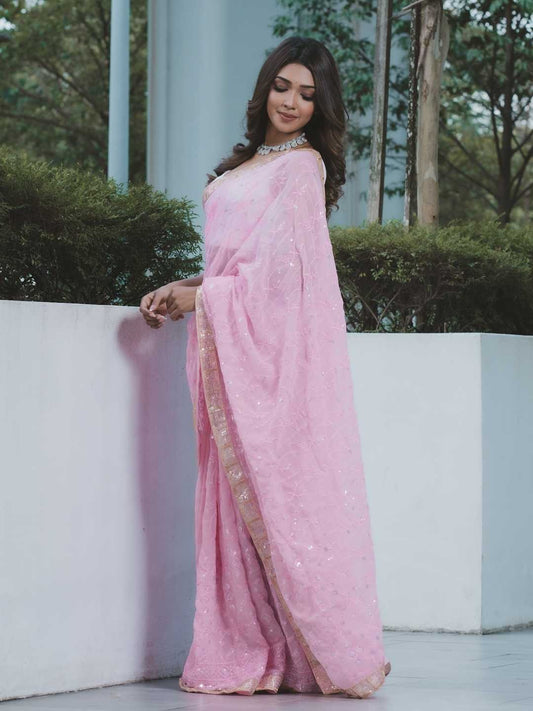 Attractive Baby Pink Colored Georgette Embroidery And Sequins Work With Lace Border Saree