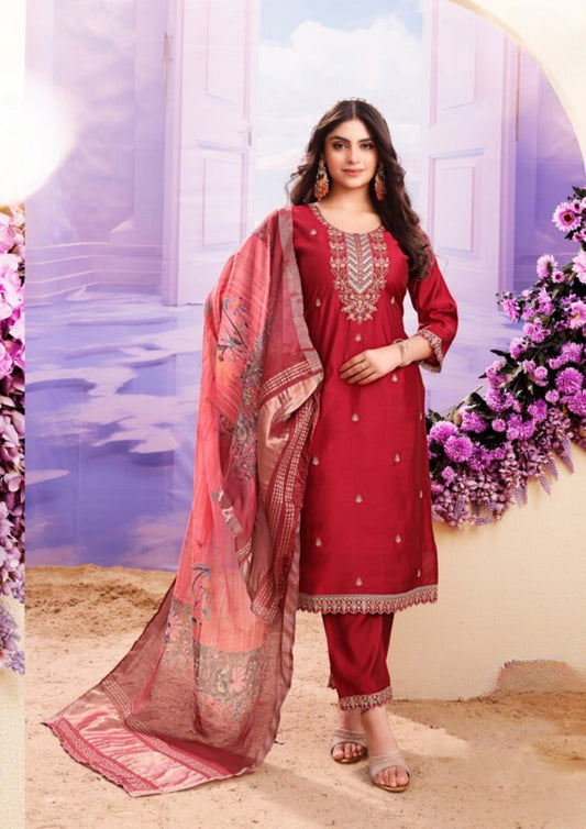 Alluring Red Color Roman With Heavy Embroidery Work Kurti Suit For Women