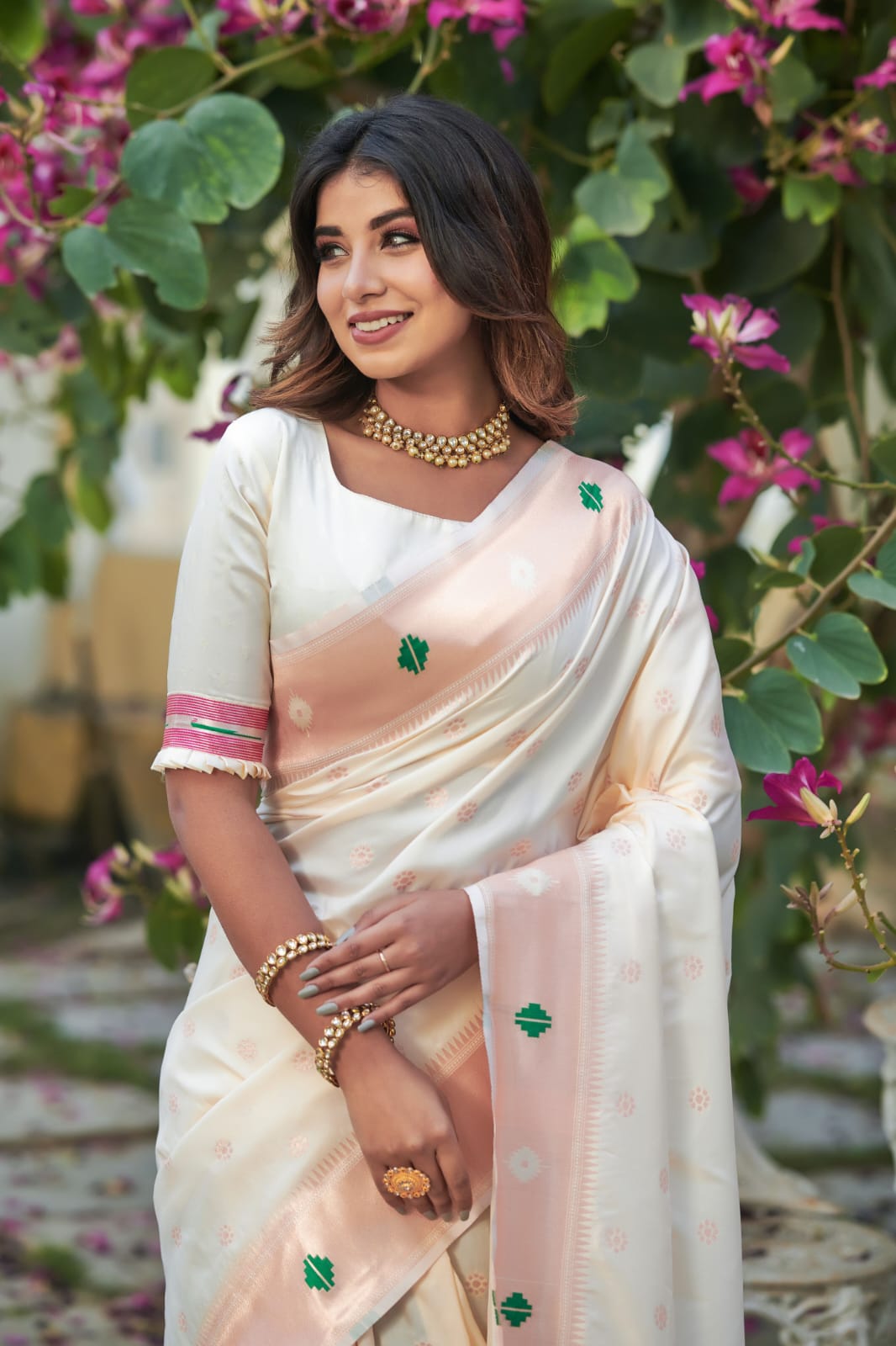 Off White Color Banarasi Soft Silk Paithani Saree With Zari Border And Zari Pallu