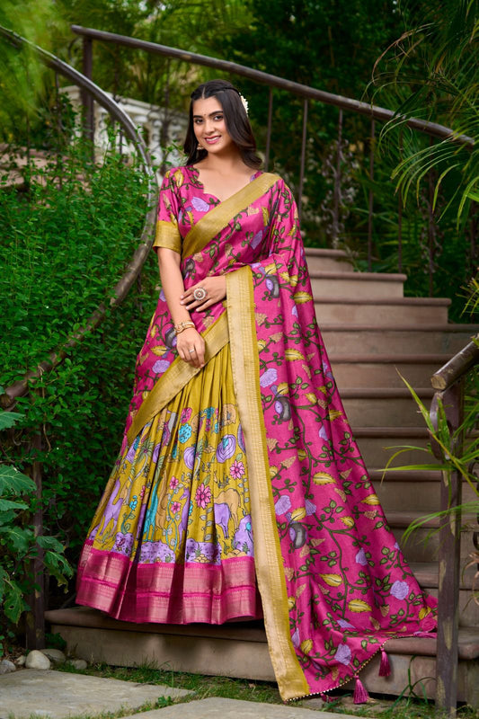 Attractive Yellow Colored Kalamkari Print With Zari Weaving Border Lehenga Choli With Dupatta