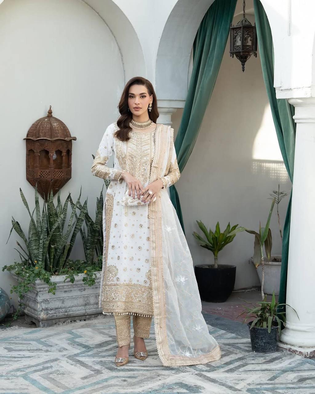 Charming White Color Chinon Embroidery And Sequins Work Salwar Suits With Dupatta